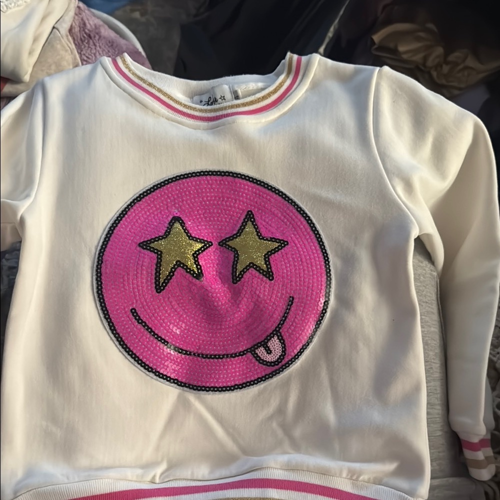Lola + The Boys White and Pink Smiley Sweater